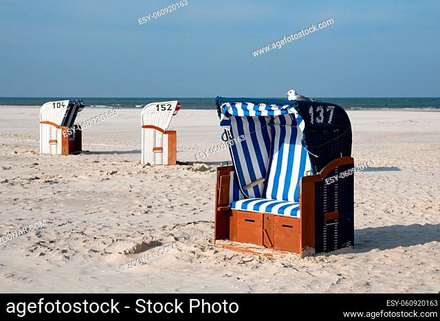 Beach chairs at the coastline of Amrum, North Frisia, Germany