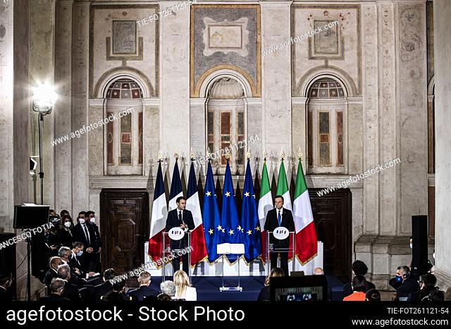 French President Emmanuel Macron (L), Italian Prime Minister Mario Draghi (R) during the press conference after the Signing of the Quirinal Treaty between Italy...