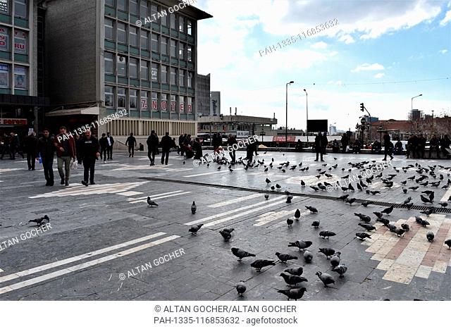 12 February 2019, Turkey, Ankara: People walk among pigeons on a square in the Ulus district. Photo: Altan Gocher | usage worldwide. - Ankara/Turkey