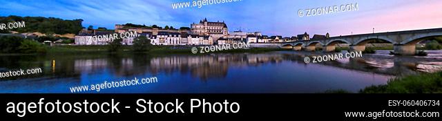 Panoramic view on Castle Chateau d'Amboise and Loire river by sunset, Loire Valley, France