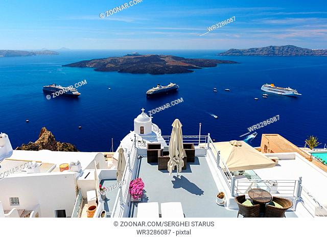 Luxury decks and patios of Fira, Santorini, Greece