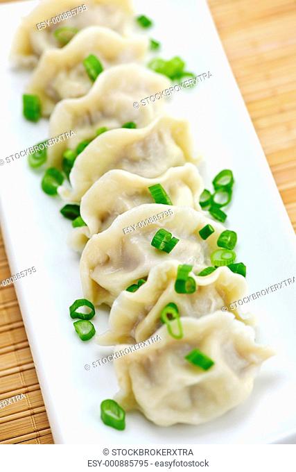Plate of cooked chinese dumplings in a row