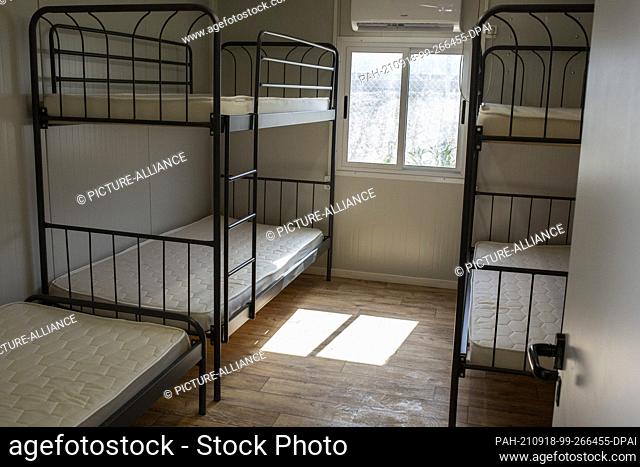 18 September 2021, Greece, Samos: The interior of the containers used to house refugees in the newly built refugee camp on the island of Samos