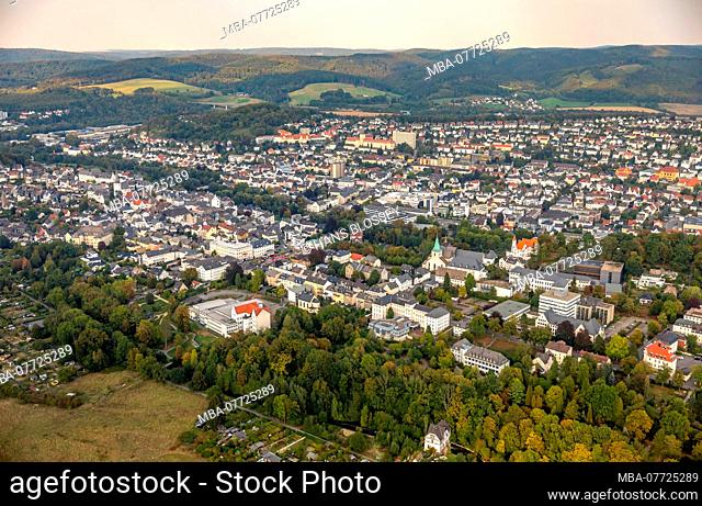 Aerial shots, Old Town of Arnsberg with Neumarkt, Arnsberg, Sauerland, North Rhine-Westphalia, Germany
