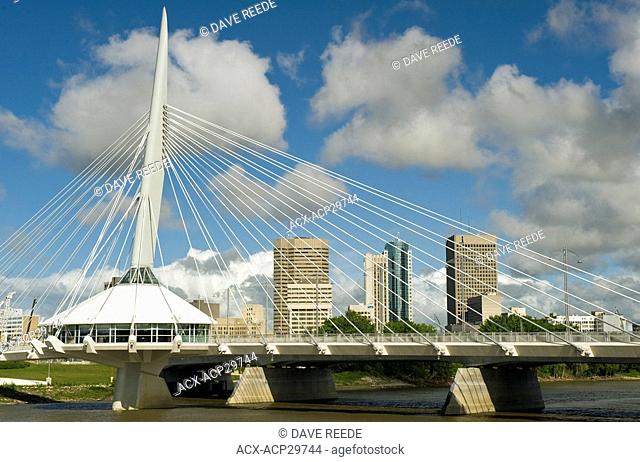 Winnipeg skyline from St. Boniface showing Esplanade Riel Bridge across the Red River, Manitoba, Canada