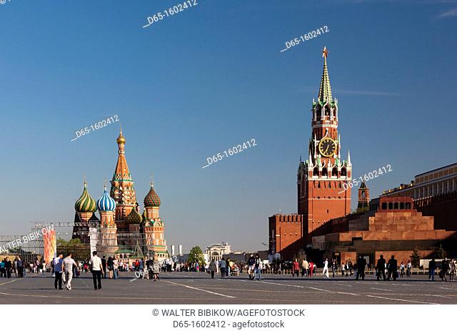 Russia, Moscow Oblast, Moscow, Red Square, Saint Basils Cathedral and Kremlin Spasskaya Tower