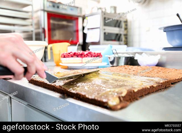 Confectioner woman getting chocolate cake ready with topping put on
