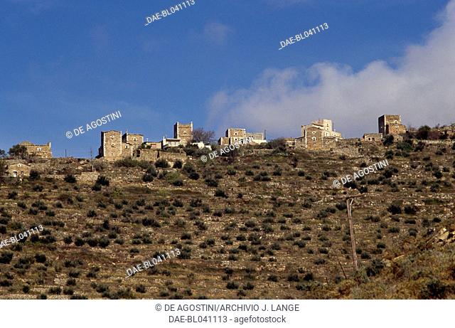 Houses and terraces in Moudanistika, Mani peninsula, Peloponnese, Greece