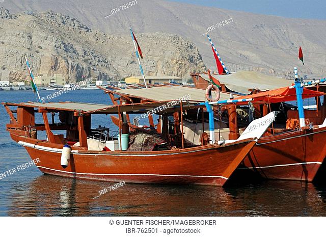Traditional dhows in the harbour of Khasab, Musamdam, Oman, Middle East