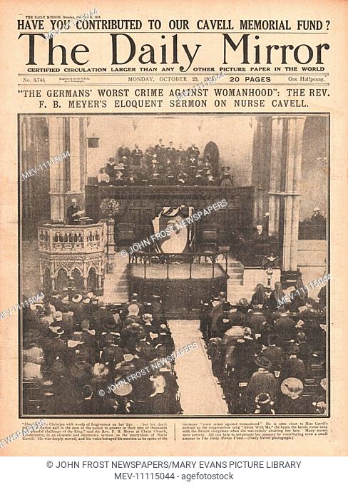 1915 front page Daily Mirror Memorial service to Nurse Edith Cavell at Christ Church, Westminster