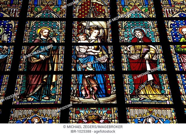 Notre Dame du Sablon Church, Zavel Kerk, lead glass window with religious images, Place du Petit Sablon, Kleine Zavel, Brussels, Belgium, Benelux, Europe