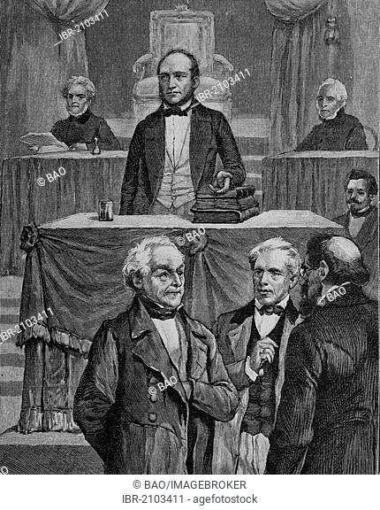 Bassermann submitting a request to create a German parliament, wood engraving, around 1880