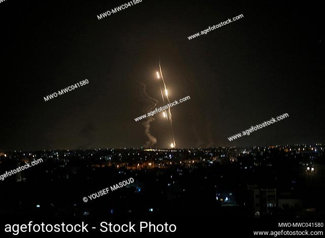 Rockets fired from Gaza towards Israel, in response to Israeli air strikes, amid escalating violence between Israel and Gaza in May 2021. Gaza Strip