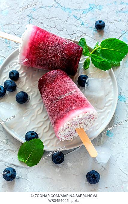 Homemade vegan berry popsicles with coconut milk, fresh blueberries and green mint on a white concrete table