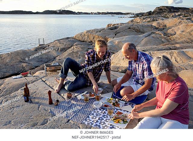 People having picnic on cliff, Grundsund, Bohuslan, Sweden