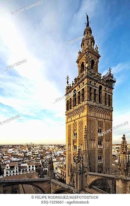 The Giralda Tower as seen from the roof of Santa Maria de la Sede Cathedral, Seville, Spain