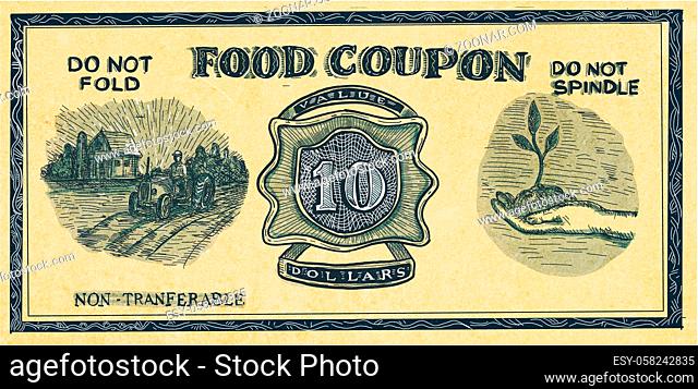 Drawing sketch style illustration of a vintage food stuff ration coupon on isolated white background than in retro style