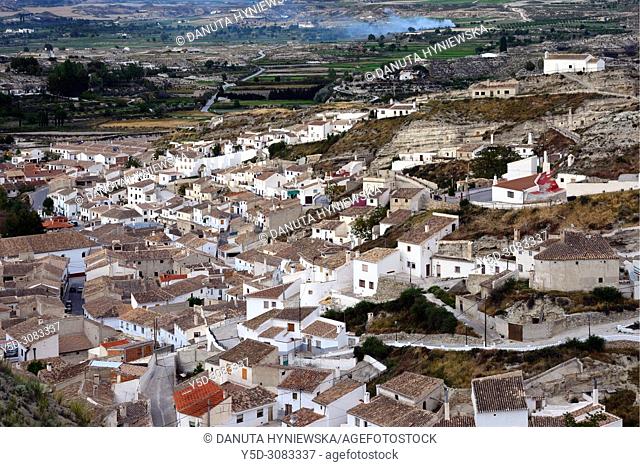 Panoramic view of Galera village in unspoilt cave country in mountainous region of northern Andalusia, between the Sierra Nevada and the Sierra de Castril