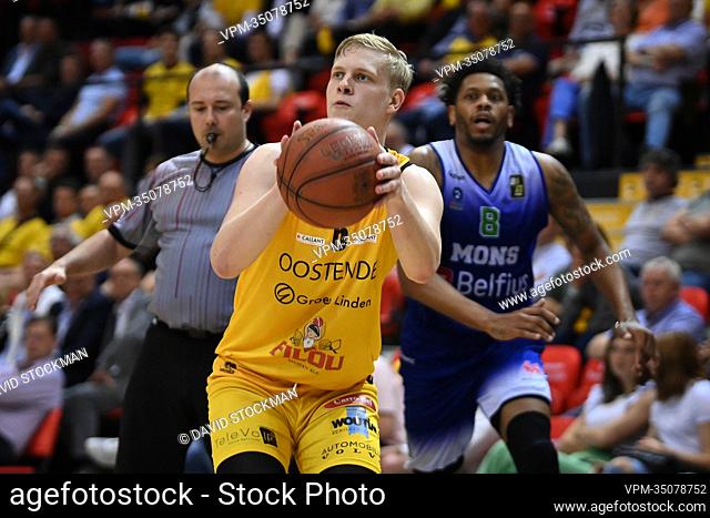 Oostende's Keye van der Vurst de Vries pictured in action during a basketball match between BC Oostende and Mons-Hainaut, Saturday 14 May 2022, in Oostende