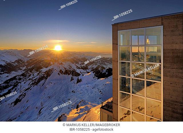 Staircase of the panorama restaurant on the summit of Mt Saentis, Canton of Appenzell Innerrhoden, Switzerland, Europe