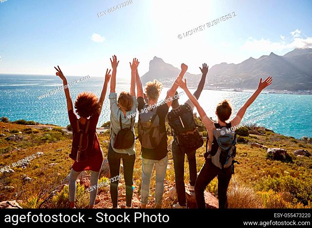 friends, cheering, hiking vacation