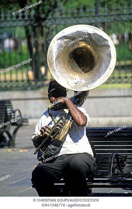 sousaphone player, French Quarter neighborhood, New Orleans, Louisiana, United States of America, Americas