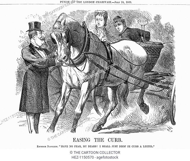 'Easing The Curb', 1869. This cartoon depicts Napoleon 'easing the curb' on the horse to allow its smoother handling and easier passage