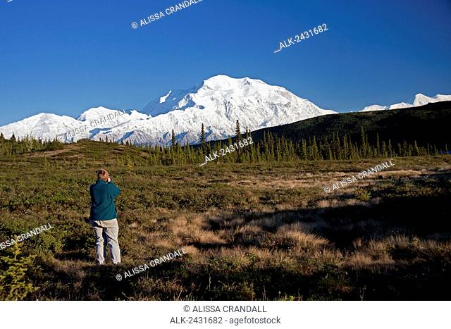 Visitor photographs Mt. McKinley near Wonder Lake along the Park road, Denali National Park, Interior Alaska