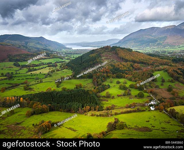 View of Swinside from Cat Bells, near Keswick with Bassenthwaite Lake in the distance. Cumbria, England, Great Britain