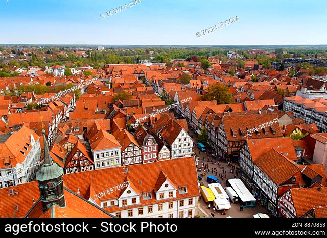 Celle, Germany - April 19, 2014: Photograph of the rooftops of Celle taken from the top of the city church