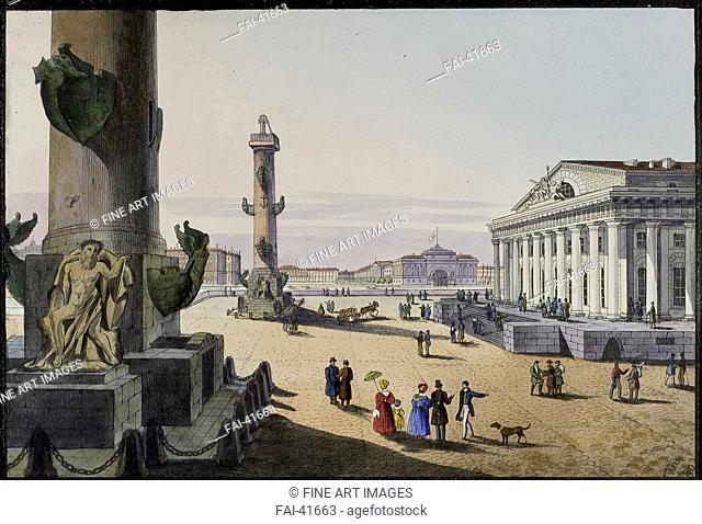 Stock exchange and Admirality in St. Petersburg by Beggrov, Karl Petrovich (1799-1875)/Lithograph, watercolour/Neoclassicism/First half of the 19th cent