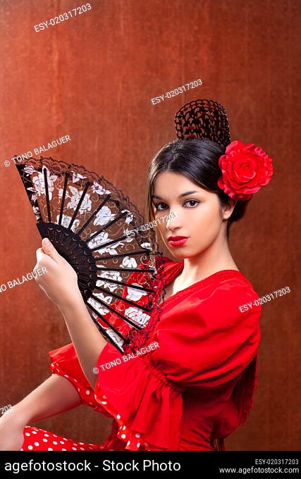 Flamenco dancer woman gipsy red rose spanish fan