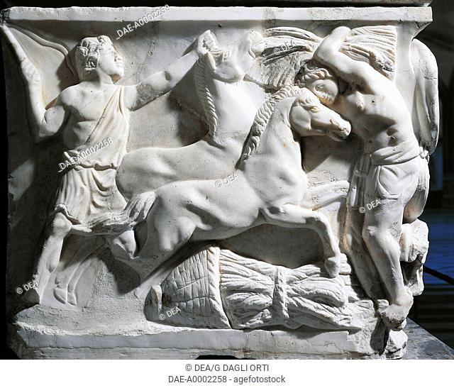 Roman civilization, 2nd century A.D. Marble sarcophagus with relief depicting the legend of Triptolemus. Detail: peasants loading wheat on horses back