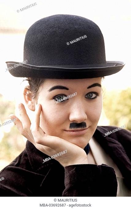 Woman, young, disguise, imitation, Charlie Chaplin