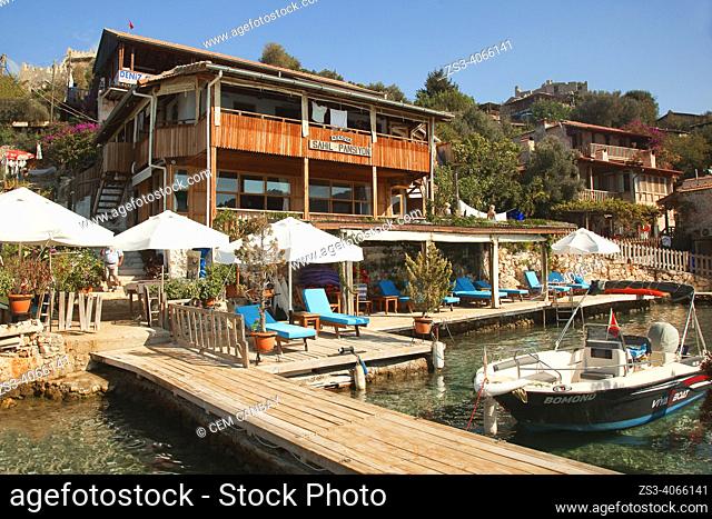 View of a hotel by the seaside in Kalekoy, Ucagiz village, Demre, Antalya Province, Mediterranean Coast, Ancient Lycia Region, Turkish Riviera, Turkey, Europe