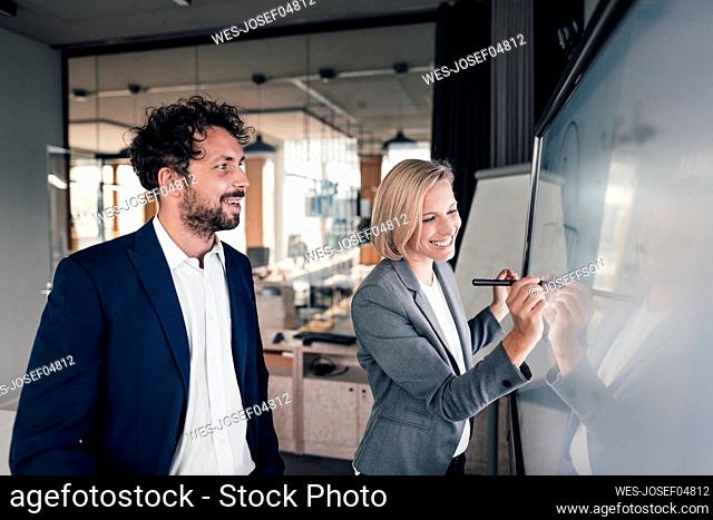 Smiling businesswoman writing on projection screen while standing by colleague in office