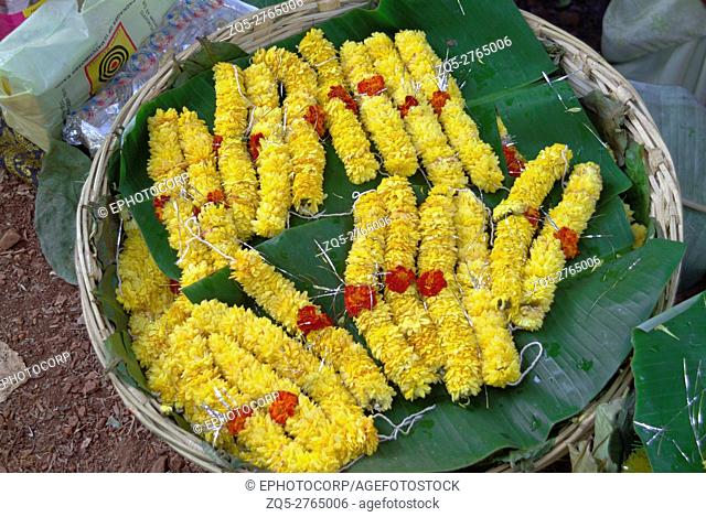 Garlands of marigold flowers used for puja or deity worship