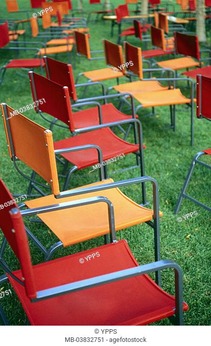Meadow, chairs, no property release,   Munich BUGA, park, lawn surface, nature, seat, swing chairs, stack chairs, red, orange, Designer Christoph Böninger