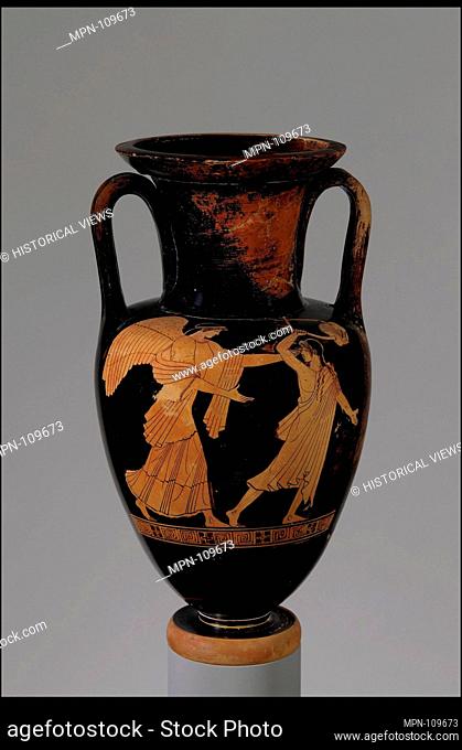 Terracotta Nolan neck-amphora (jar). Attributed to the Achilles Painter; Period: Classical; Date: ca. 470-460 B.C; Culture: Greek