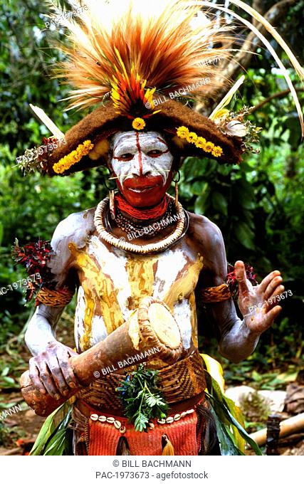 Papua New Guinea, Head Shot Of Young Man, Face With War Paint And Wild Hair
