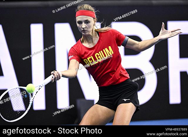 Belgian Maryna Zanevska pictured in action during a training session ahead of the Billie Jean King Cup Finals, in Glasgow, Tuesday 08 November 2022