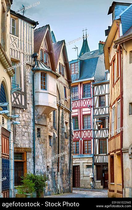 Street in historical center of Rouen with half-timbered houses, France