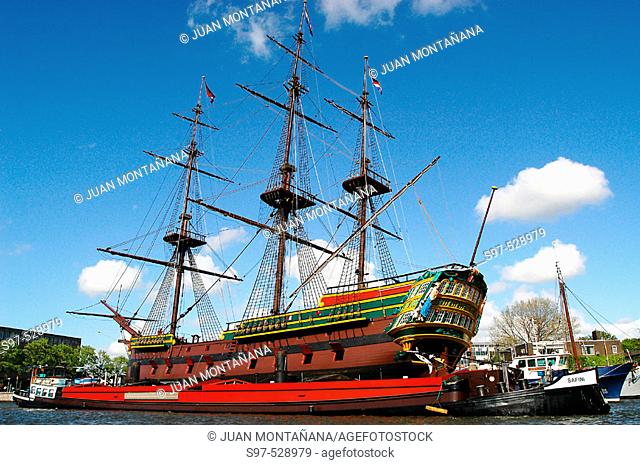 Maritime Museum and Dutch East India Company (VOC) ship. Amsterdam. Holland