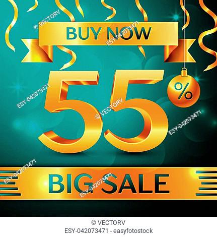 Realistic banner Merry Christmas with text Gold Big Sale buy now fifty five percent for discount on green background. Confetti, christmas ball and gold ribbon