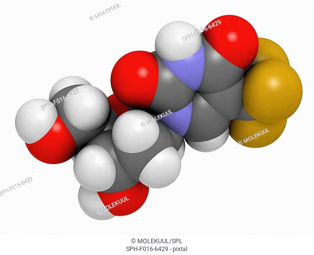 Trifluridine (trifluorothymidine, TFT) antiviral drug molecule. Atoms are represented as spheres with conventional colour coding: hydrogen (white)