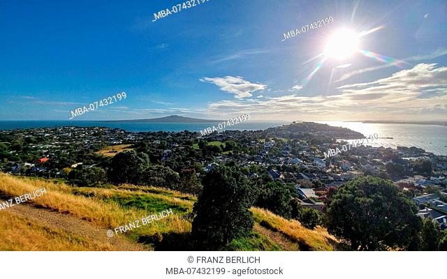 View of city and island on the horizon of Mount Victoria, New Zealand