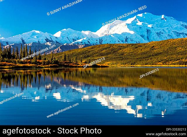 Close-up of Mount Denali (McKinley) reflecting on the calm water of Wonder Lake with fall colored tundra under a blue sky; Denali National Park and Reserve