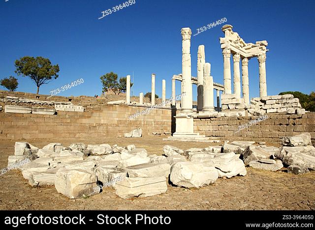 View to the marble columns and rests of The Sanctuary of Trajan at Bergama Archaeological site of ancient Pergamon city, Bergama Town, Izmir Province