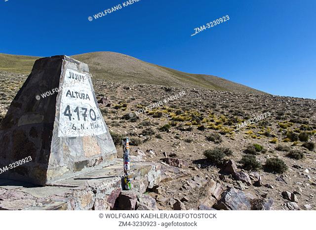 The marker of the highpoint along Highway 52 at Lipan Pass in the Andes Mountains near Purmamarca, Jujuy Province, Argentina