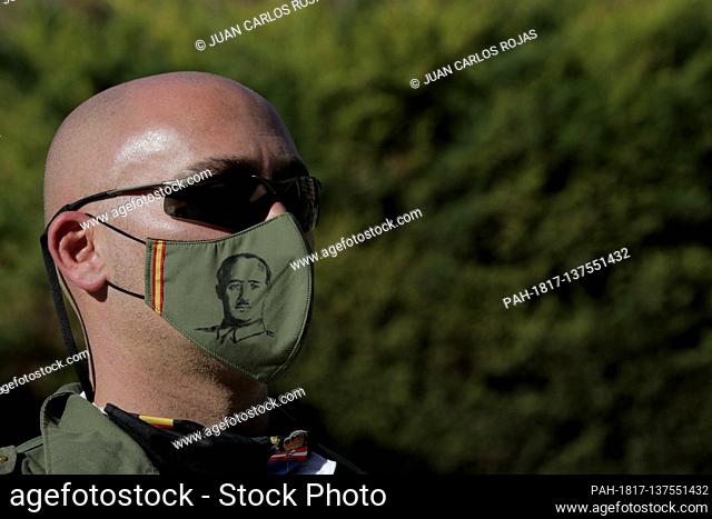 Madrid, Spain; 22/11/2020.- Mask with a drawing of the coup general Francisco Franco..Tribute to the coup general Francisco Franco on the anniversary of his...